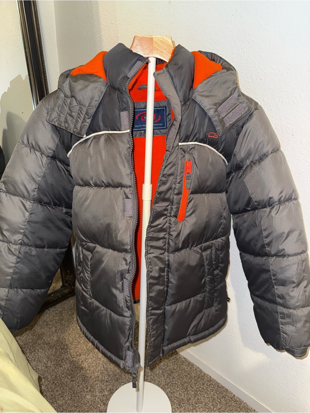 CB Sports Boys Hooded Insulated Puffer Jacket Gray/Orange Pockets 10-12